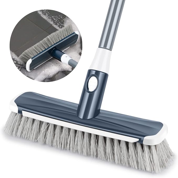 Floor Scrubber with Long Handle, 2 in 1 Scrubbing Brush Stiff Bristle Shower Cleaning Brush for Bathroom, Kitchen, Tub, Carpet, Grout, Tile(Gray)