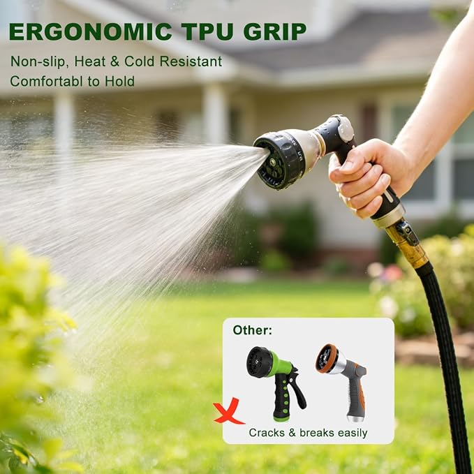 FANHAO Metal Thumb Control Garden Hose Nozzle Heavy Duty, 8 Spray Patterns | Rustproof Zinc Alloy, Non-Slip Ergonomic Grip, Leakproof High Pressure Water Nozzle Sprayer for Garden, Patio, Car & Pet