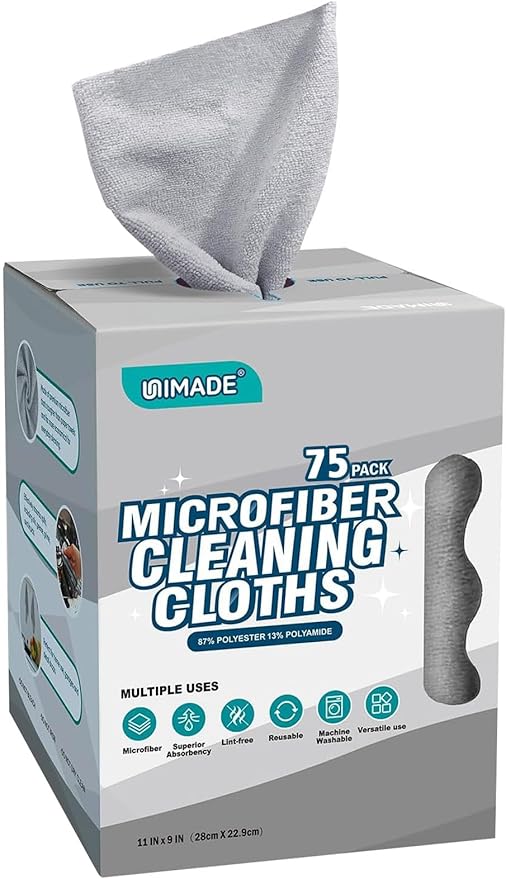 UNIMADE Microfiber Cleaning Cloth, 75 Sheets Microfiber Towels for Cars Commercial Grade Washcloths Lint-Free Bulk Shop Towel Cleaning Rags for Household Restaurant Garage Housekeeping, 11"x 9", Grey