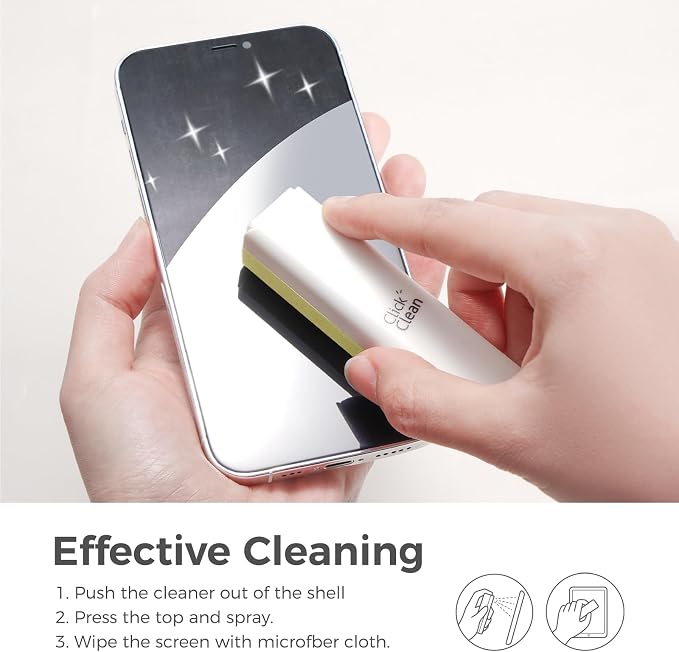 CLICK CLEAN Screen Cleaner Spray with Phone Stand Case & Microfiber | 2-in-1 Cleaner & Phone Stand, Streak-Free Cleaning, Gentle Formula, For Phone Laptop Tablet Screens, Beige, 0.5oz