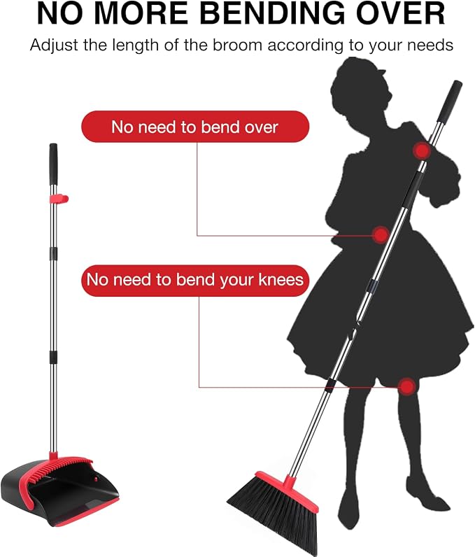 NACENA Broom and Dustpan Set, 52-in Long Adjustable Handle Broom Dustpan Combo with Dustpan Teeth to Automatically Clean Hair Suitable for Home Kitchen Office Hall Floor（Black&Red）