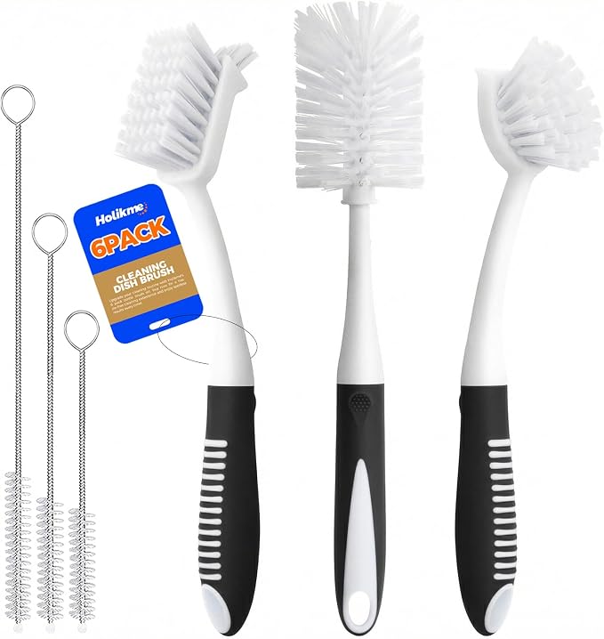 Holikme 6 Pack Dish Brush Set with Bottle Brush, Dish Scrub Brush, Pan Brush and 3 Straw Brushes, Deep Cleaning Handle Brush with Scraper Tip for Kitchen Sink Dishes Bottle Cup Pot and Pans (Black)