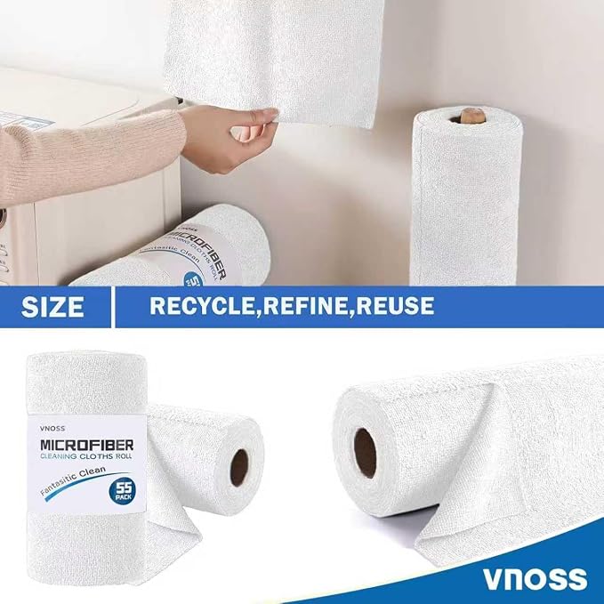 55 Pack Microfiber Cleaning Cloth Roll, Tear Away Reusable Towels, 11" X 9", Ultra Absorbent & Lint Free Cloth for Cars, Kitchen, Window, Home and Shop, White