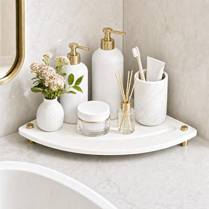 Corner Counter Shelf, Water Absorbing Stone Drying Tray Mat for Kitchen & Bathroom Sink, Diatomaceous Gold Faucet Coaster Soap Dish Rack Riser Dispenser Sponge Holder, White, 8.5" x 8.5"