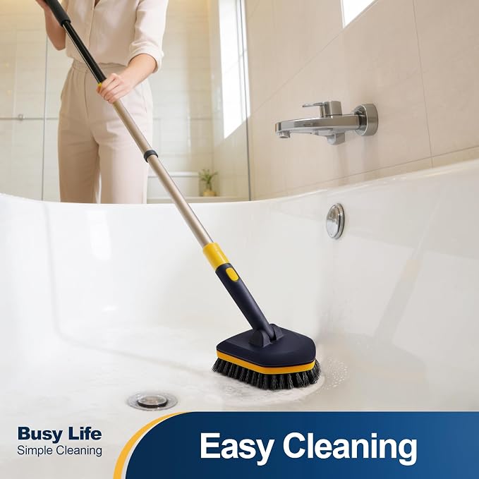 Yocada Tub Tile Scrubber Brush 2 in 1 Cleaning Brush 4*Scouring Pads 58.2" | Adjustable Telescopic Pole Stiff Bristles for Cleaning Bathroom Kitchen Toilet Wall Tub Tile Sink Non Scratch