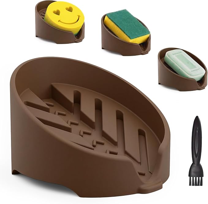 NiHome Silicone Sponge Holder for Kitchen Sink, Fits Scrub Daddy Mommy | Self-Draining Dispenser Organizer Tray, Sink Caddy Countertop Fits Soaps,Scrubber,Dishwasher Safe,Includes Brush,Coffee Brown