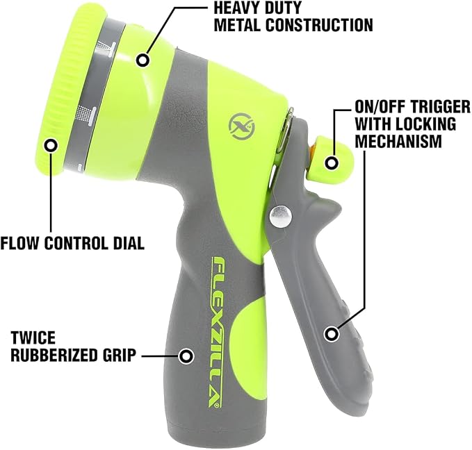 Flexzilla Heavy Duty 7-Pattern Adjustable Pistol Grip Garden Hose Nozzle Sprayer with Multiple Spray Settings & Durable Design