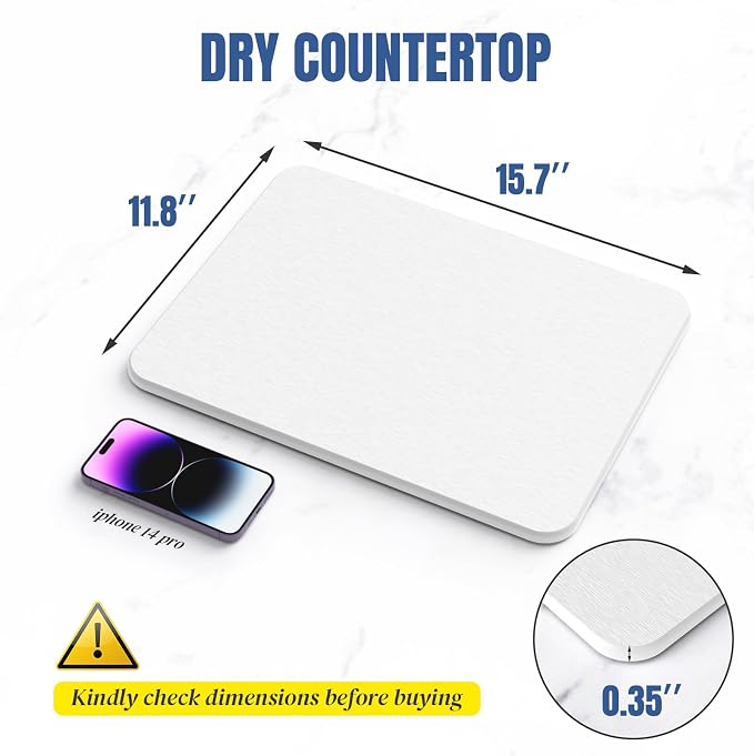 Quick Dry Stone Drying Mat for Kitchen Counter, Water-Absorbent Diatomaceous Dish Drying Mats, Multi-Purpose Stone Drying Tray for Cups Dishes Bottles, Carrara White