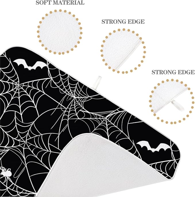 Halloween Dish Drying Mat 18 x 24 Inch Bat Spider Web Drying Mat for Kitchen Counter Absorbent Spiders Black Dishes Dry Pad for Drainer Rack Kitchen Fast Dry