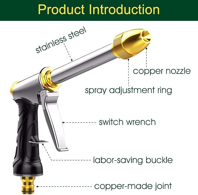 Upgrade Water Hose Nozzle Long Rod Garden Hose Nozzle Heavy Duty metal Brass sprayer 360° Rotaing spray gun for car wash, Plants and Lawn,Patio Gardening, Pets Shower Hose Nozzle + Quick Connector