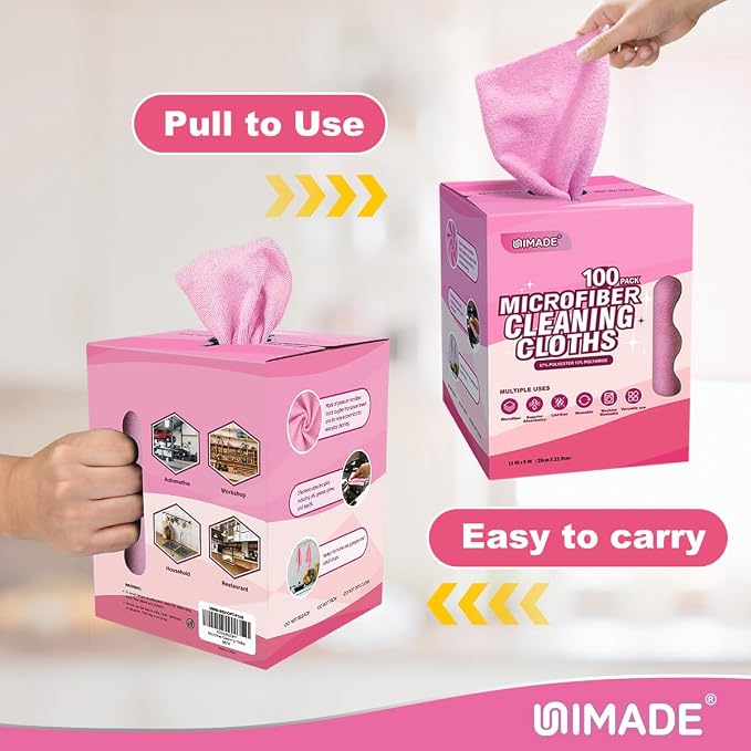 UNIMADE Microfiber Cleaning Cloth, 100 Sheets Microfiber Towels for Cars | Commercial Grade Washcloths Lint-Free Bulk Shop Towel Cleaning Rags for Restaurant Garage Housekeeping,11"x 9", Pink