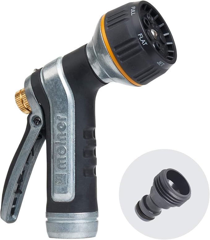 Melnor 65020-AMZ Metal Multi-Pattern Hose Nozzle with Rear Trigger Grip, 7 Spray Patterns, Heavy-Duty Metal Construction, Quick Connect Adapter, Black, Orange