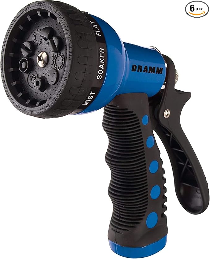 Dramm Revolver Heavy Duty Metal Garden Hose Nozzle – 9 Spray Patterns, High Pressure Jet, Thumb-Control Flow, Ergonomic Grip – Blue (Pack of 6)