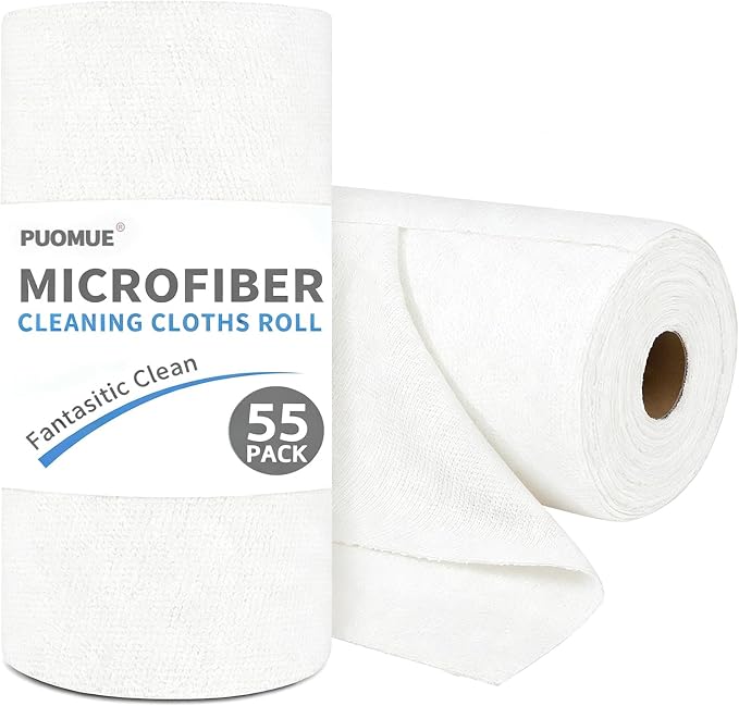 Puomue 55 Pack Microfiber Cleaning Cloth Roll, Tear Away Reusable Towels, 11" X 9", Ultra Absorbent & Lint Free Microfiber Cloth for Cleaning Cars, Kitchen, Window, and Shop (White, 9”X11”-55PK)