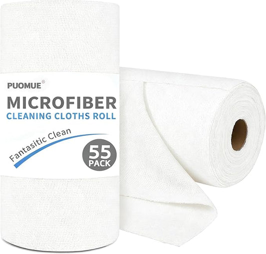 Puomue 55 Pack Microfiber Cleaning Cloth Roll, Tear Away Reusable Towels, 11" X 9", Ultra Absorbent & Lint Free Microfiber Cloth for Cleaning Cars, Kitchen, Window, and Shop (White, 9”X11”-55PK)
