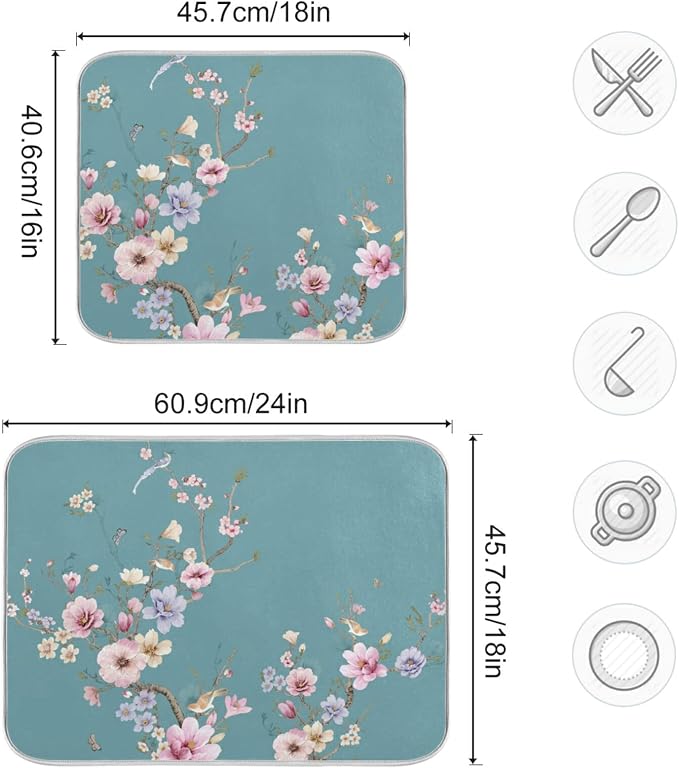 Absorbent Dish Drying Mat for Kitchen Counter - Chinese Painting Art Microfiber Drying Pad, Reversible Drainer Mats for Countertop, Lager 18 x 24 inch