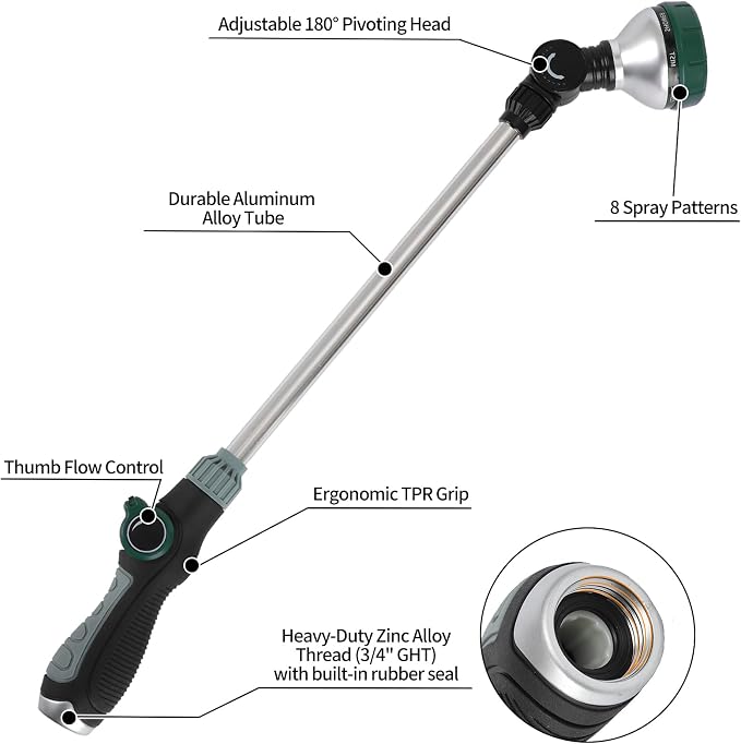 Watering Wand for Garden Hose, 24 Inch, 8 Spray Patterns, Garden Hose Nozzle with Thumb Flow Control, Adjustable Water Sprayer with Pivoting Head, Ideal for Hanging Baskets and Shrubs