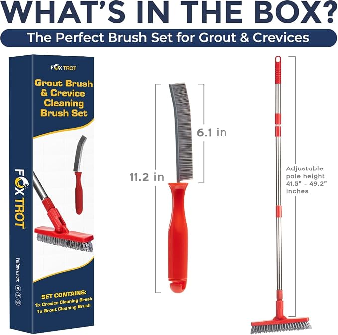 Grout Brush with Long Handle & Hard Bristle Crevice Cleaning Brush, Grout Cleaner for Tile Floors, Floor Scrubber for Tile Grout Line, Household Use, Multipurpose Gap Cleaning Tools by Foxtrot Living