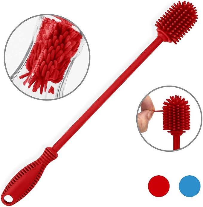 Silicone Bottle Cleaning Brush with Long Handle, BPA Free 12.5" Water Bottle Cleaner for Baby Bottles, Hydro Flask, Sports Bottle, Vase, Glassware, Perfect for Smaller Diameter Bottle Openings (Red)