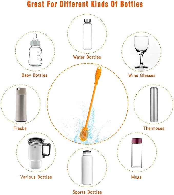 Silicone Bottle Cleaning Brush with Long Handle,12.5" Water Bottle Cleaner for Baby Bottles, Hydro Flask, Sports Bottle, Vase, Glassware, Perfect for Smaller Diameter Bottle Openings (One Pack)