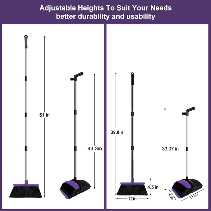 Broom with Dustpan Combo Set, 51" Household Dustpans and Broom, Standing Dust Pan Set for Home, Purple Cleaning Set for Kitchen Lobby Indoor Outdoor