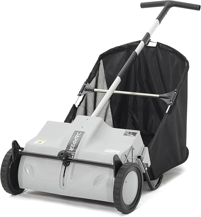 Dapper Supply 22-Inch Push Lawn Sweeper, Grass, Lawn and Leaf Cleanup Collector with Large 3.5 cu. ft. Hopper Bag, Durable Wheels, and Dual Spinning Brushes, Grey
