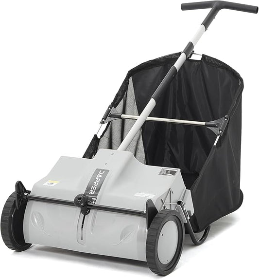 Dapper Supply 22-Inch Push Lawn Sweeper, Grass, Lawn and Leaf Cleanup Collector with Large 3.5 cu. ft. Hopper Bag, Durable Wheels, and Dual Spinning Brushes, Grey