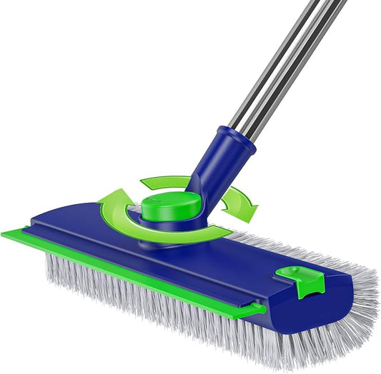3 in 1 Floor Scrub Brush with Long Handle & Squeegee | Heavy-Duty, Adjustable, 360° Rotating Head for Cleaning Tile Bathroom Deck Kitchen Patio, Blue