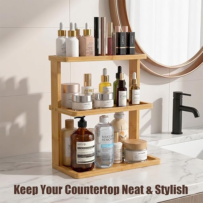 PEKER Bamboo Bathroom Organizer Countertop – Vanity Storage Shelf for Makeup, Perfume, Skincare – Natural Cosmetics Display Rack for Dresser, Sink, Kitchen – Natural