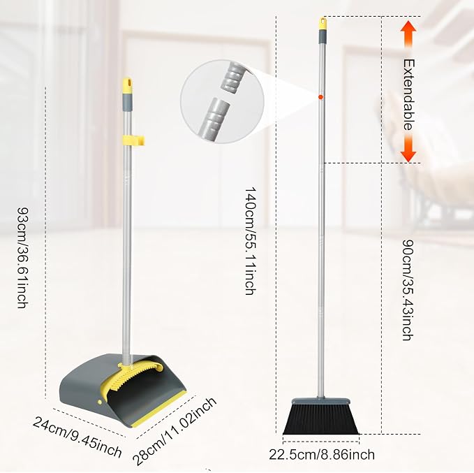 Long Handled Dustpan and Brush, Broom and Dustpan Set, Household Dust pan Combo with 54 Inch Handle for Indoor Outdoor Household Cleaning and Sweeping (Yellow)