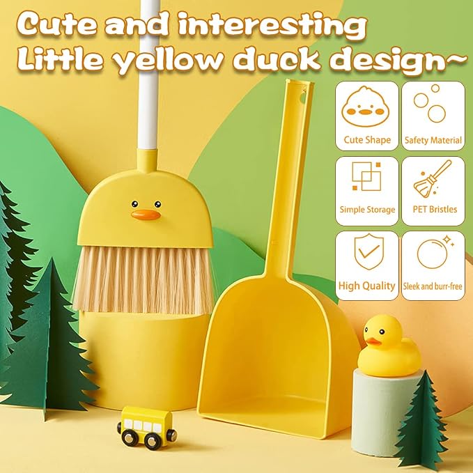 Mini Broom with Dustpan for Kids,Boys Girls Small Cleaning Set, Combo Pretend Play Toys Toddler Little Housekeeping Helper Set-Yellow Duck…