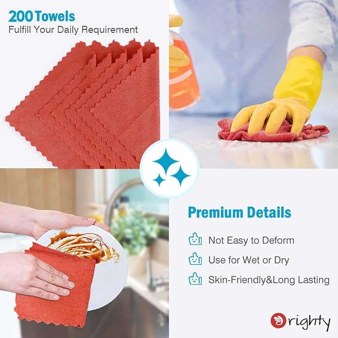 Orighty Microfiber Cleaning Cloth Bulk, 200 Pack, 11.5x11.5 inch, Red | Microfiber Towels for Cars, Multi-Purpose Shop Towels, Soft Highly Absorbent Cleaning Rags for Car, Home, Kitchen