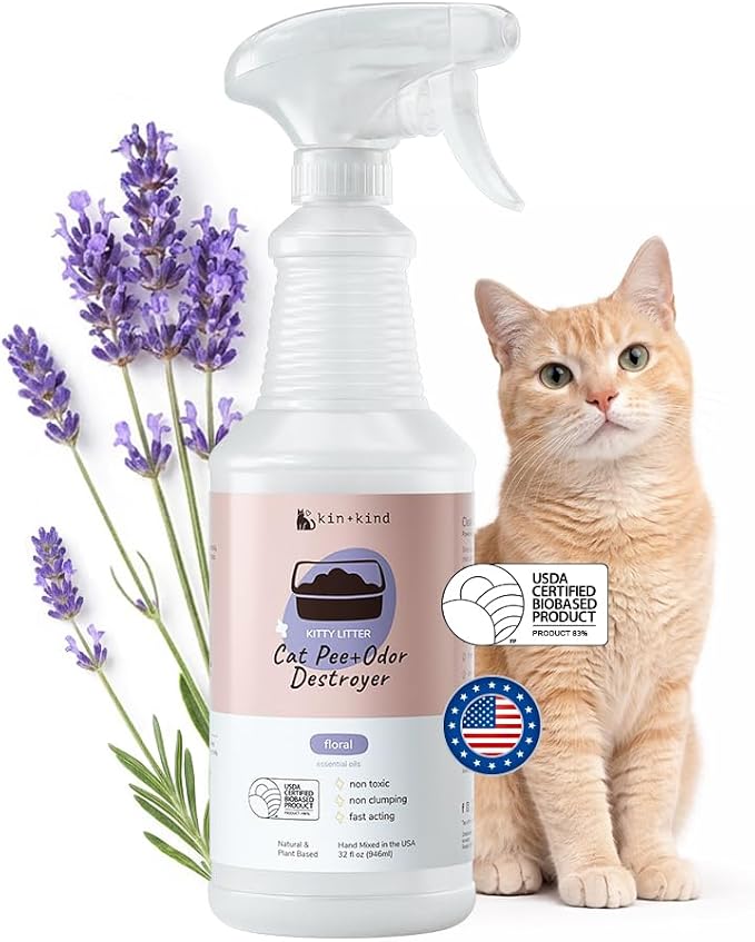 kin+kind Cat Pee+Odor Destroyer - Kitty Litter - Maximum Strength - USDA Certified Biobased - Floral - 32 fl oz