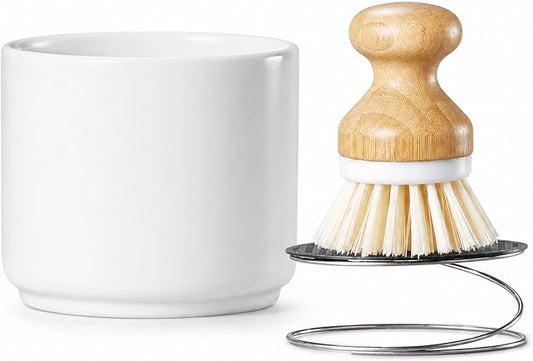 ONEMORE Bamboo Dish Brush with Ceramic Foaming Base, Kitchen Sink Scrub Brush Set with Spring and Mesh Insert, Wooden Handle Dishwashing Brush for Pots Pans Plates Bowls, White