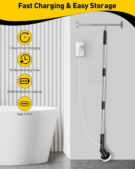 Electric Spin Scrubber for Cleaning Bathroom, Shower Scrubber Rotary Floor Brushes with IPX7 Waterproof & 2 Speed, 3 Brush Heads, Bathroom Cleaning Supplies for Toilet Shower Tub Dark