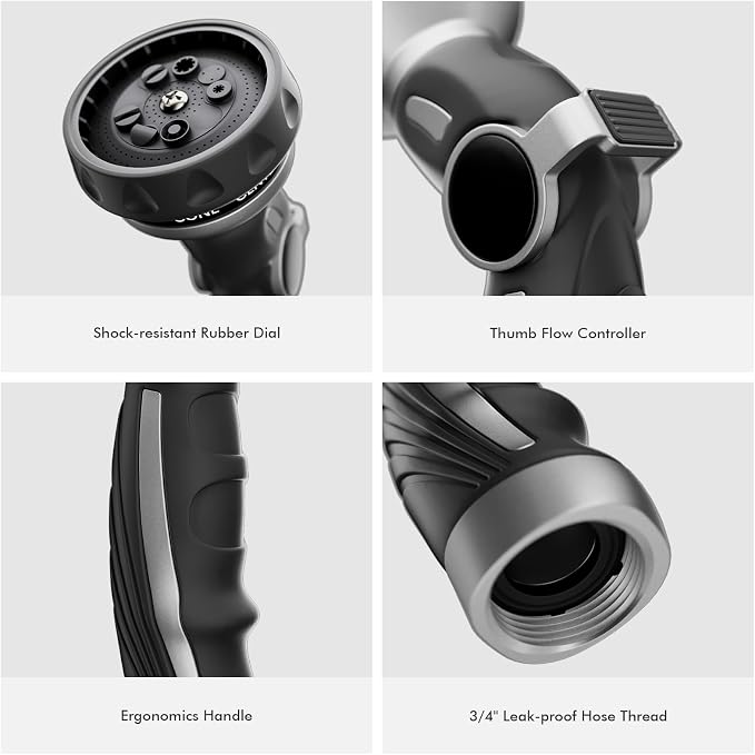 RESTMO Hose Nozzle Heavy Duty, Metal Water Hose Sprayer for Garden | 9 Spray Patterns, Leak Proof, Thumb Flow Control, On/Off Valve, Ideal for Outdoor Lawn & Plant, Car & Pet, Silver