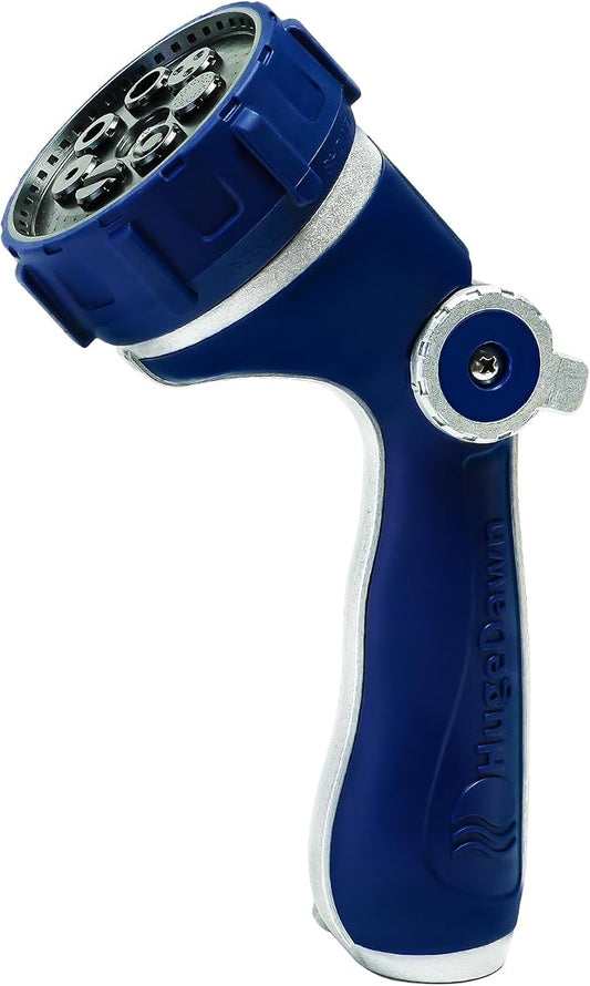 HugeDawn Garden Hose Nozzle with 7 Spray Patterns, Heavy Duty Metal Sprayer 30% Greater Water Flow for Watering, Car Wash, Outdoor Cleaning (Blue)