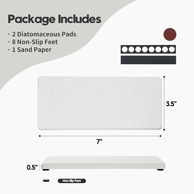 2PCS 7"x3.5" Water Absorbing Bathroom Sink Vanity Trays, Diatomite Stone Quick Drying Mat for Kitchen Counter, Dish Rack Dispenser Sponge Holder Caddy Organizer, White, 7"x3.5"