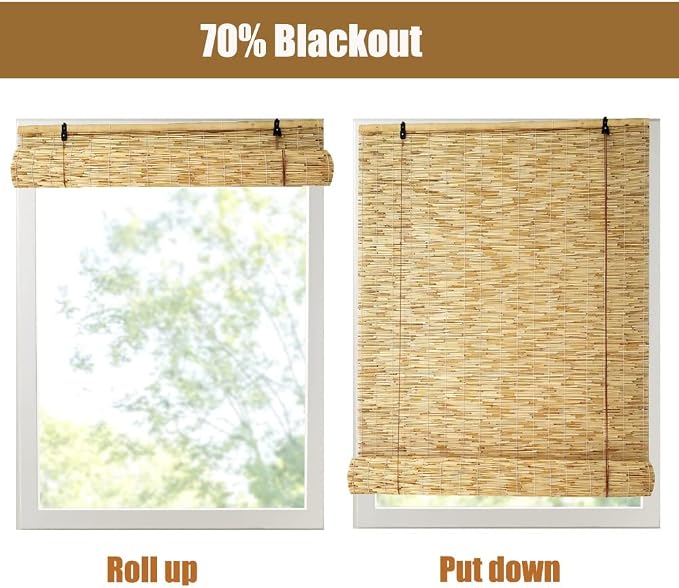 Patio Bamboo Shades Roller Window Shades, Bamboo Blinds for Outdoor Cordless, Light Filtering Reed Curtain, Roman Shade Privacy Screen with Lifter 18/23/32/48/53/59/64/72in Width ( Size : 59" W x 48"