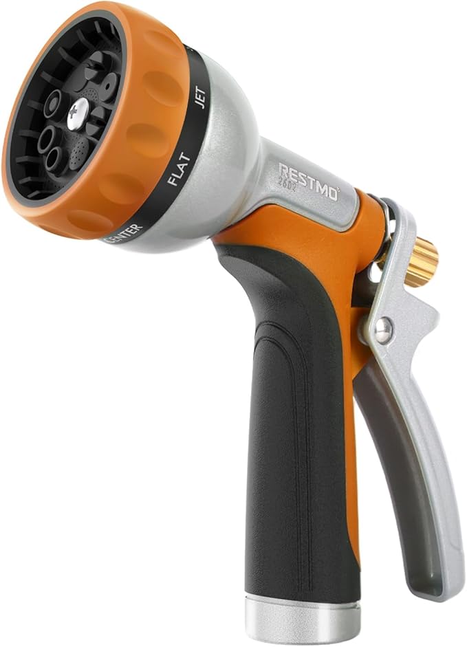 RESTMO Garden Hose Nozzle Heavy Duty, Rear Trigger Water Sprayer, Orange | 7 Adjustable Spray Patterns, Durable Metal, Flow Control, Ideal for Plants & Lawns Watering, Cars & Pets Washing