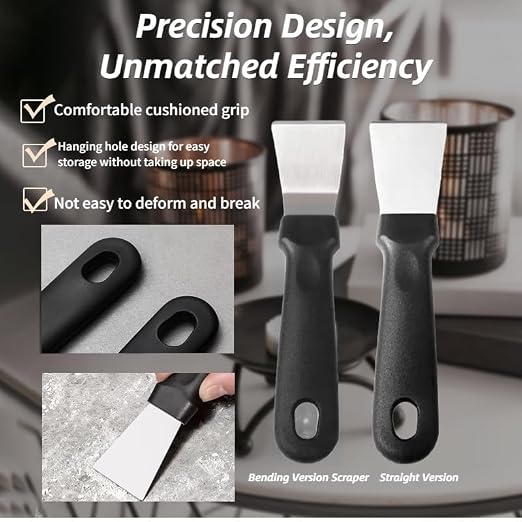 2Pcs Cleaning Scraper for Ovens, Stoves, Induction Hob, Stainless Steel Multi-Kitchen Scraperwith 3Pcs Stainless Steel Brass Nylon Brush ,Straight Version + Bending Version (Black)