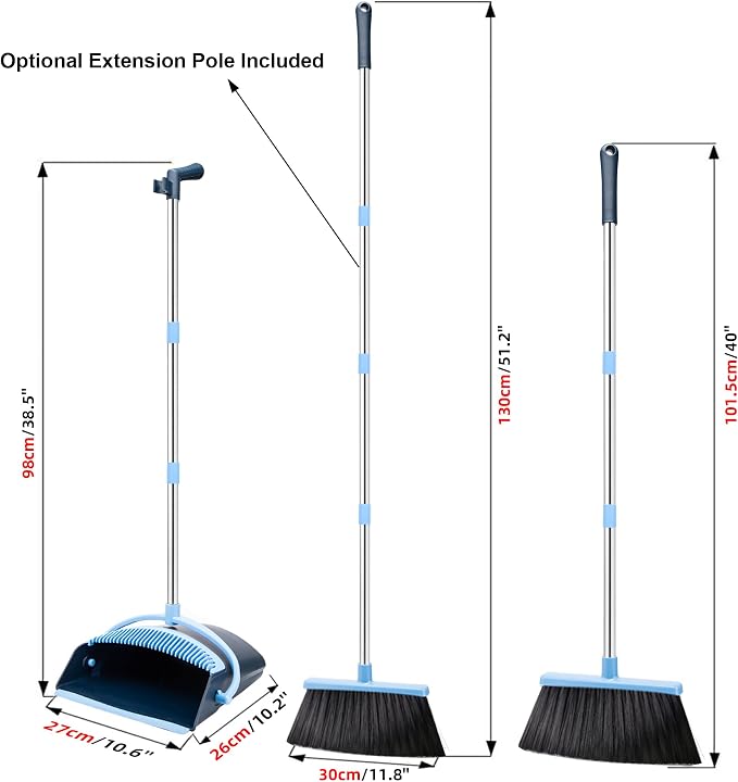 Broom and Dustpan Set 52-in Long Adjustable Handle Broom Dustpan Combo | Upright Dustpan with Teeth to Automatically Clean Hair, Suitable for Home Kitchen Office Hall Floor Garden Lobby (Blue)