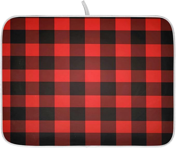 Christmas Red Black Buffalo Plaid Dish Drying Mat for Kitchen Counter Absorbent Microfiber Large Drying Pad Dish Mats for Kitchen Countertops 18 x 24 Inch