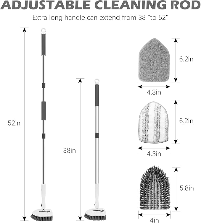 SetSail Tile Tub Scrubber Brush 3-in-1 Long Handle Shower Brush,White Grey | with 3 Detachable Replacement Brush Head, Multi-Angle Cleaning Locks at 45°, 90°, 180° for Bathroom Kitchen Walls Tub Tile