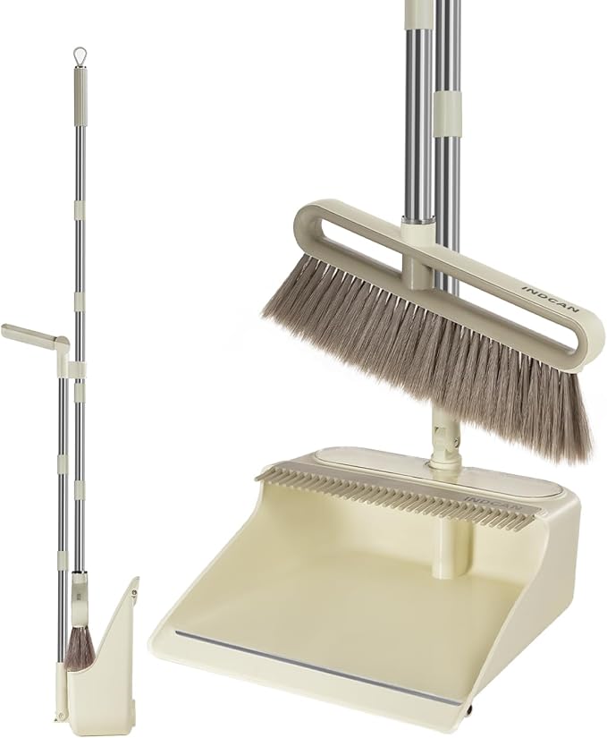 INDCAN Broom and Dustpan Set with 52" Adjustable Long Handle, Upright Standing Dustpan with Comb Teeth, Foldable Dustpan, Angled Broom Head for Corners, Indoor Floor Sweeping Set (Santra Lite)