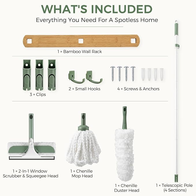 DEANIC High Reach Cleaning Kit with Extendable Handle, 4-in-1 Microfiber Duster, Window Squeegee and Strip Mop Set for Ceiling Fans, Blinds, Windows and Home Cleaning