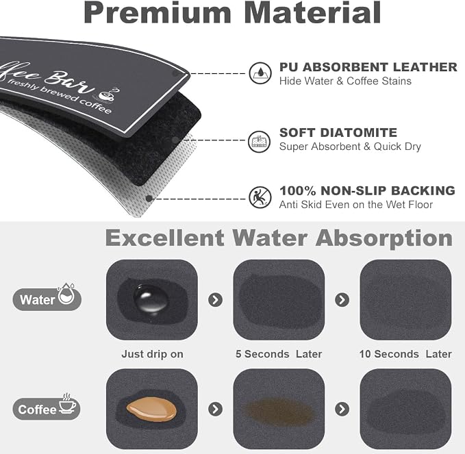 Findosom Dish Drying Mat, 18" x 24" Super Absorbent & Hide Stain Coffee Mat, Cuttable Drying Mat for Kitchen Counter, Coffee Bar Accessories, Under Dish Rack, Coffee Maker, Espresso Machine, DarkGrey