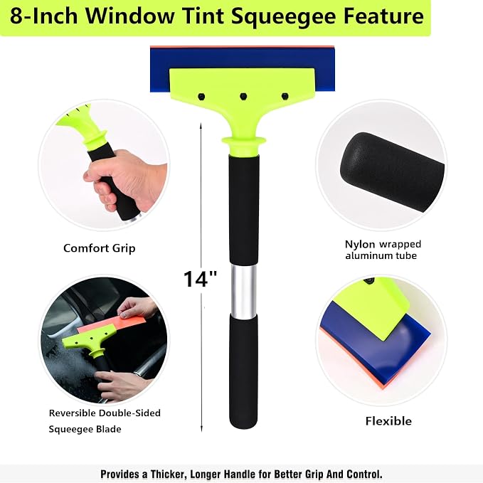 EHDIS Long Handle 8-Inch Rubber Squeegee Aluminum Tube Handle Window Tint Squeegee Auto Water Blade, Shower Squeegee for Car Windshield, Glass, Tiles, and Smooth Surfaces