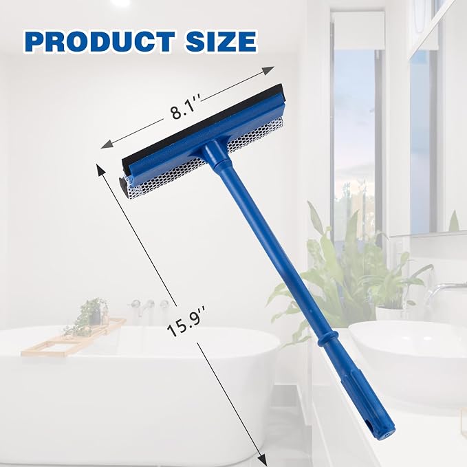 15.9" Window Squeegee for Car,2 in 1 Squeegee Window Cleaner with Long Stainless Steel Handle,Sponge Car Window Squeegee for Gas Station, Glass,Shower (Plastic Pole)
