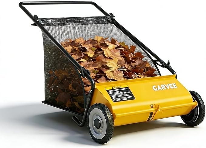 Garvee Push Lawn Sweeper,26-Inch Width Enhanced 4-Brush System with Large 7 cu. ft. Hopper Bag, Ideal for Yard and Garden Cleanup, Yellow | Brush Height Adjustment, All-Terrain Suitable, 7 cu.ft Hopper Bag, Durable Steel Frame, Easy Setup, Compact & Sp...